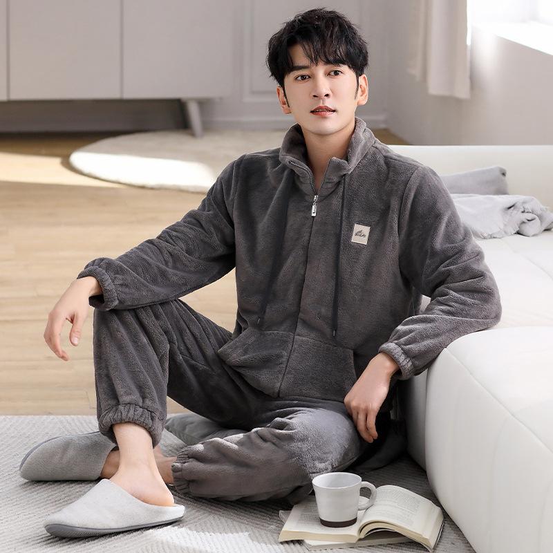 [Antistatic] Flannel Pajamas Men'S Winter Velvet Thickened Warm Flannel Loungewear Zipper Set