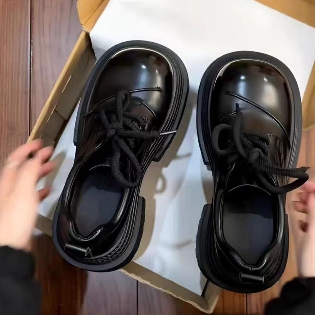 Retro British style big head small leather shoes women's 2025 spring new thick-soled versatile lace-up loafers heightening single shoes