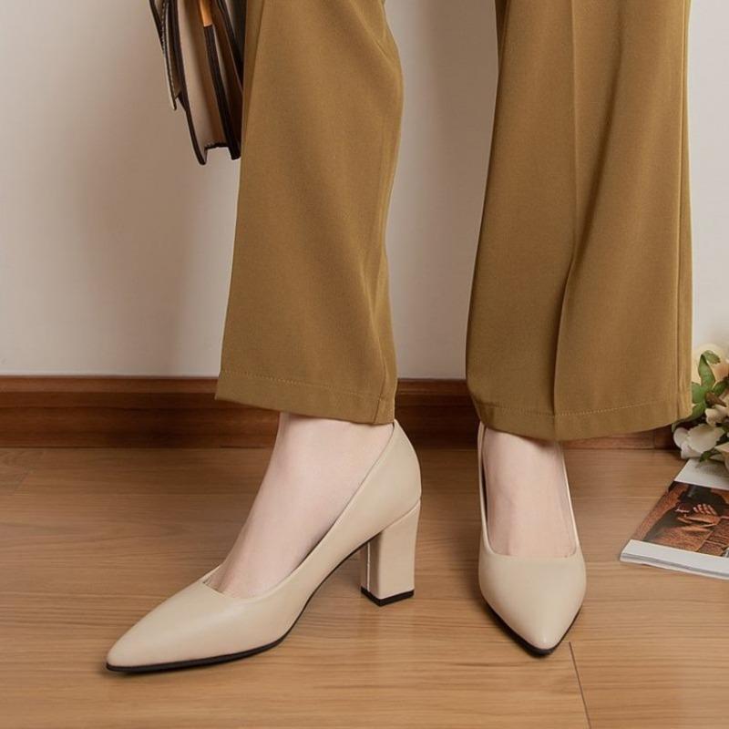 New Pointed-toe Work Shoes for Women with Thick Heels Shallow Opening and High Heels on One Foot