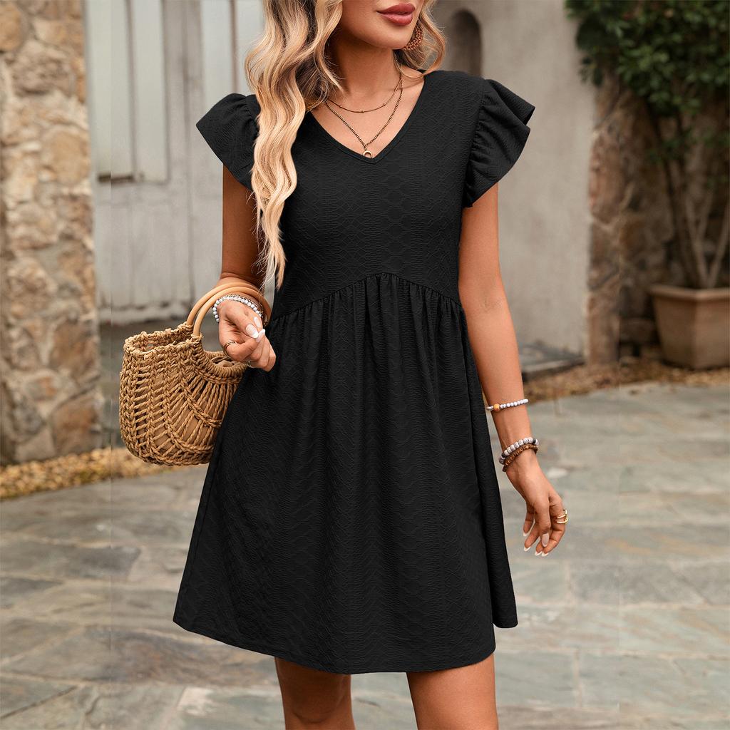 Women V Neck Ruffle Sleeve Short Sleeve Loose Fit Casual Holiday Dress Soft Lightweight Fabric Simple Solid Design