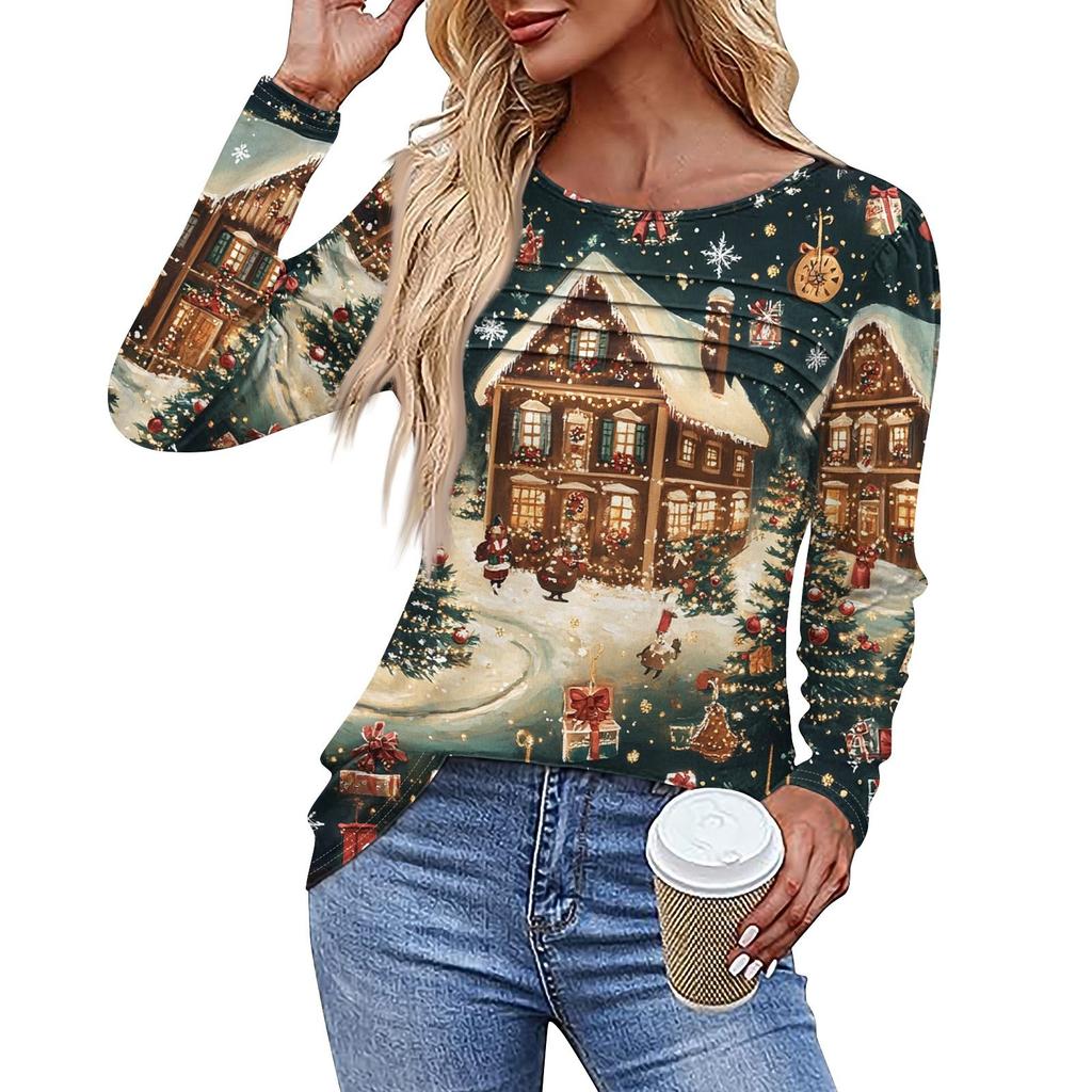 Ladies' Casual Fashion Printed Round Neck Long Pleated T-shirt Top Christmas
