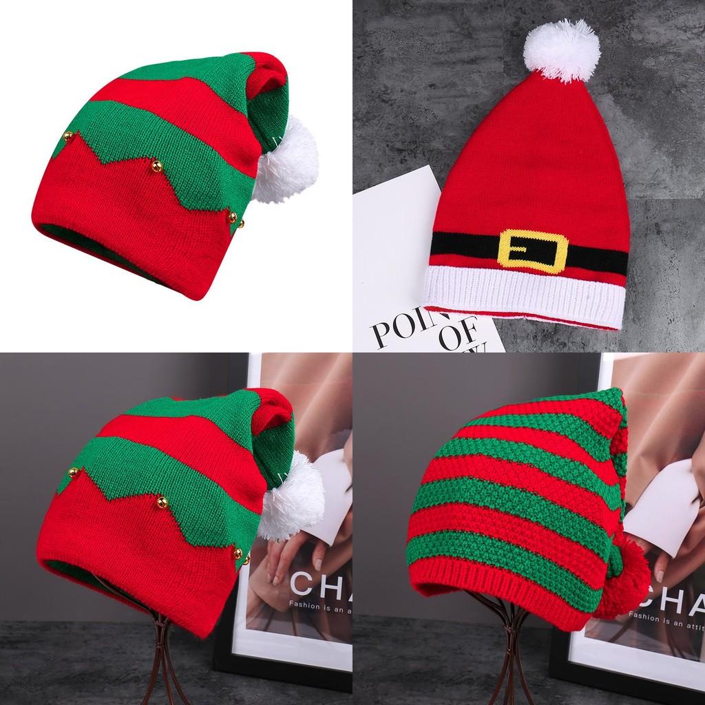 Trendy Knitted Winter Beanie Hat In Red With Fun Stripes Holiday Bells