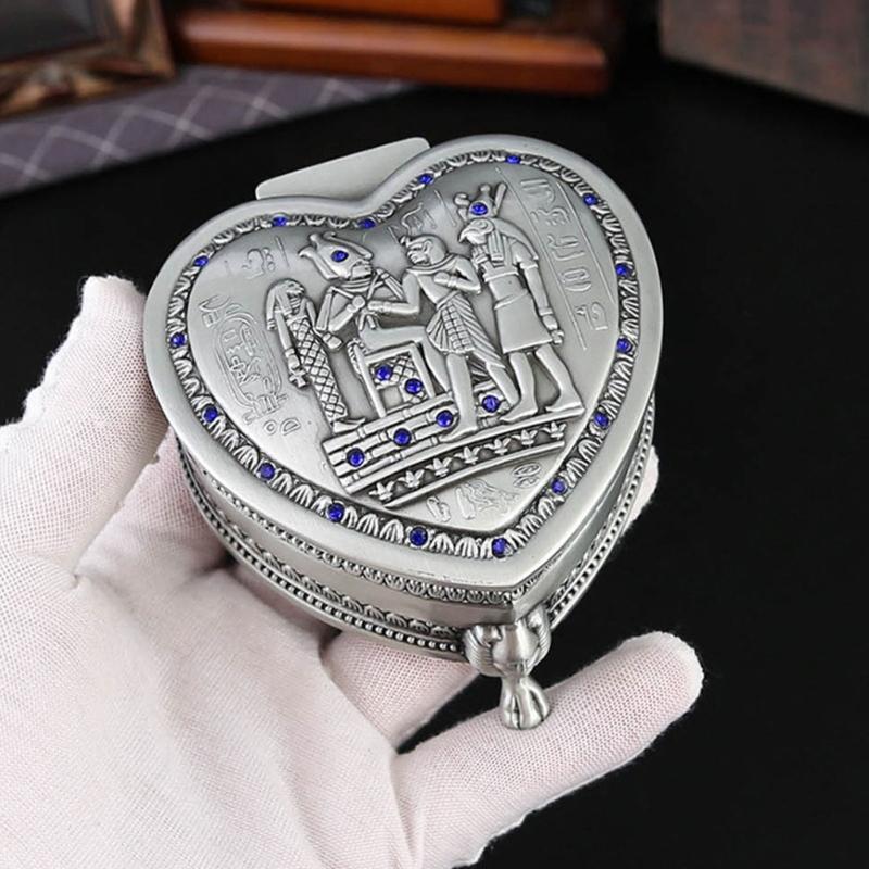 Antique Inspired Metal Jewelry Case With Egyptian Floral Designs Secure Storage for Earrings Rings Necklaces