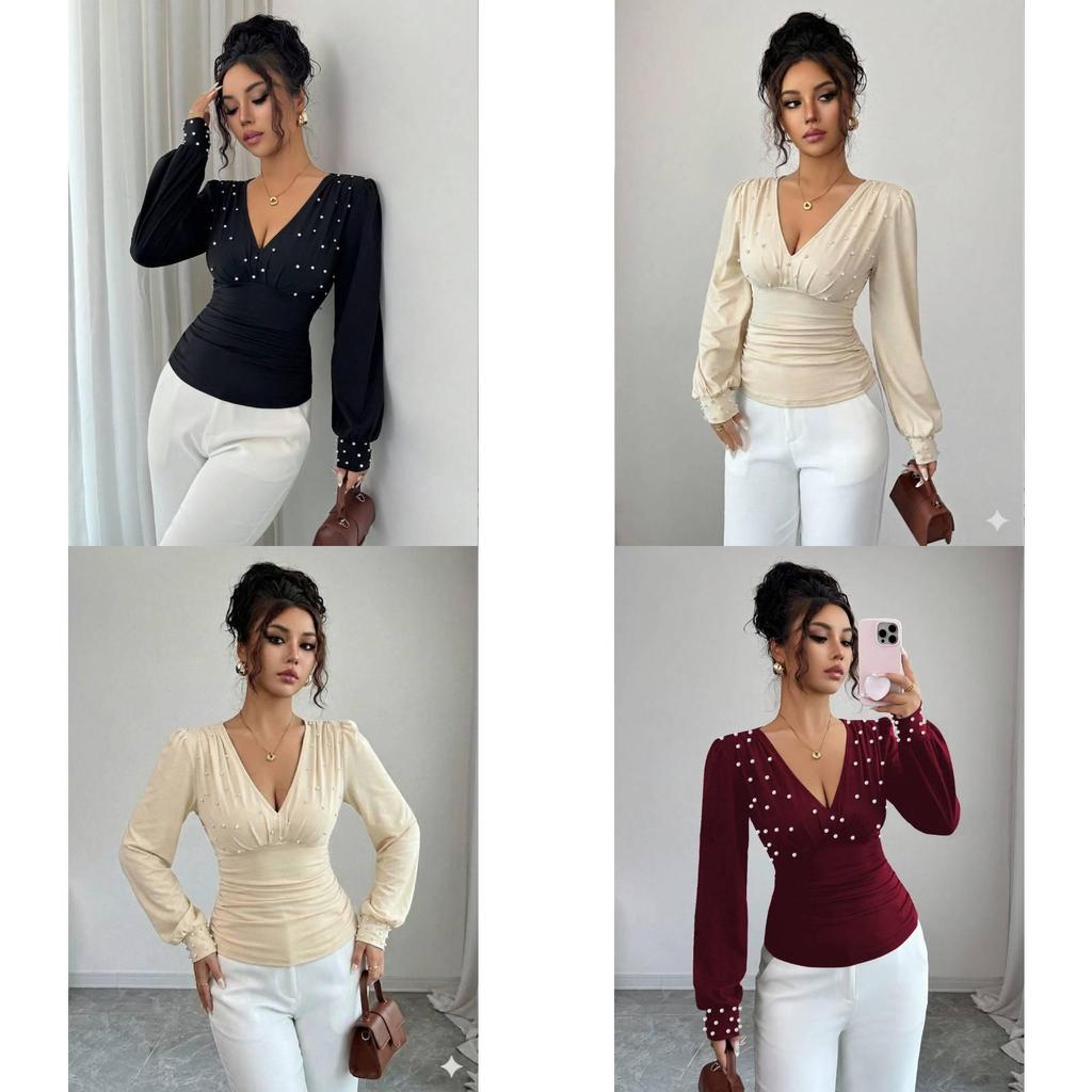 Elegant Long Sleeve T Shirt With Pearl Embellishments For Office Wear