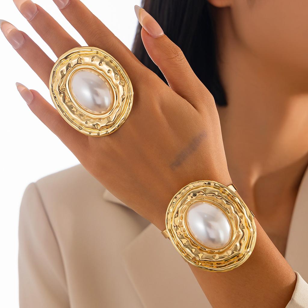 Vintage Pearl Metal Cuff Bangles Rings Set For Women Punk Geometric Gold copper Color Big New Hip Hop Jewelry Set