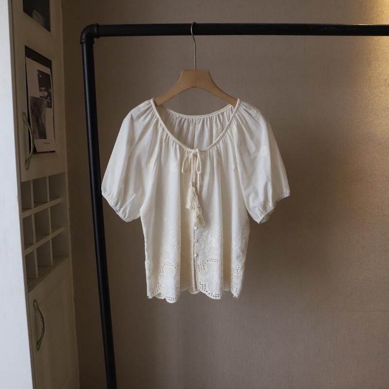 

[Bi Zheng] 2025 Лето Женская Корейская Вышитая Блузка с V-образным Вырезом и Пышными Рукавами One Size абрикосовый