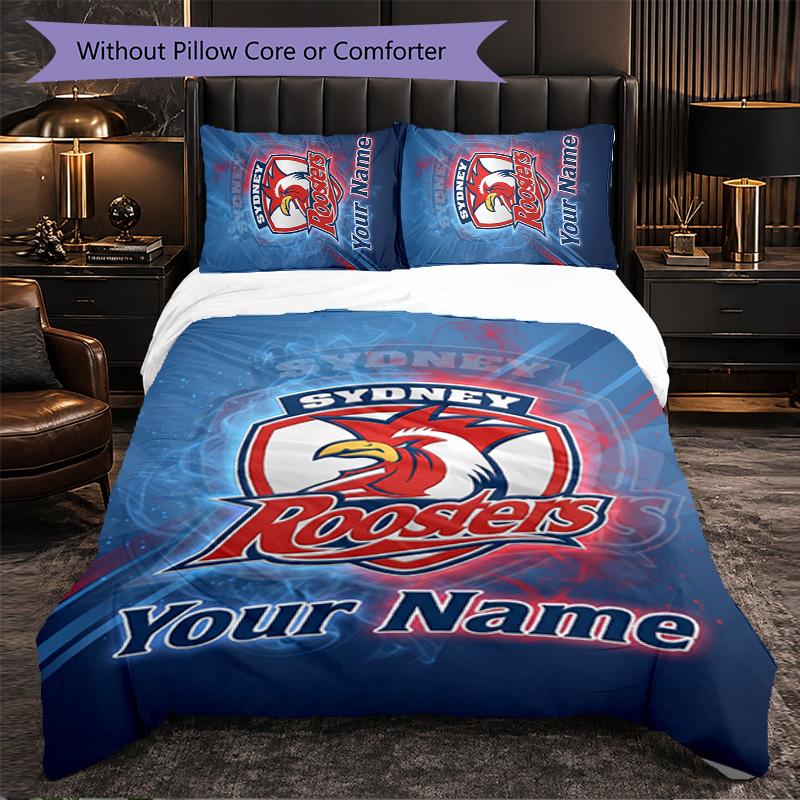 Sydney Roosters Customized Name Text Bedding Set, 1 Duvet Cover & 2 Pillowcases Personalized Bedroom Gift