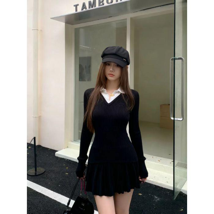 

Korean Academy Style Women s Patchwork Knit Sweater: Slimming, Flattering Long-Sleeve Two-Piece for Autumn/Winter. One Size