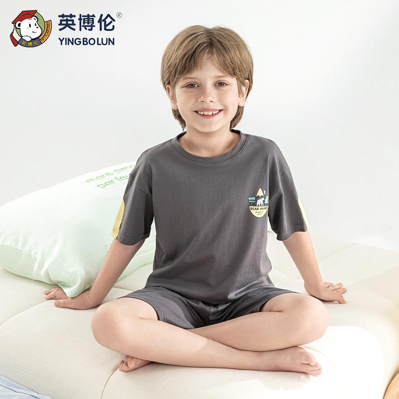 Yingbolun Boys' Pajamas Summer Pure Cotton 10A Children's Short Sleeved Shorts Set Medium and Large Children's Cotton Home Clothes