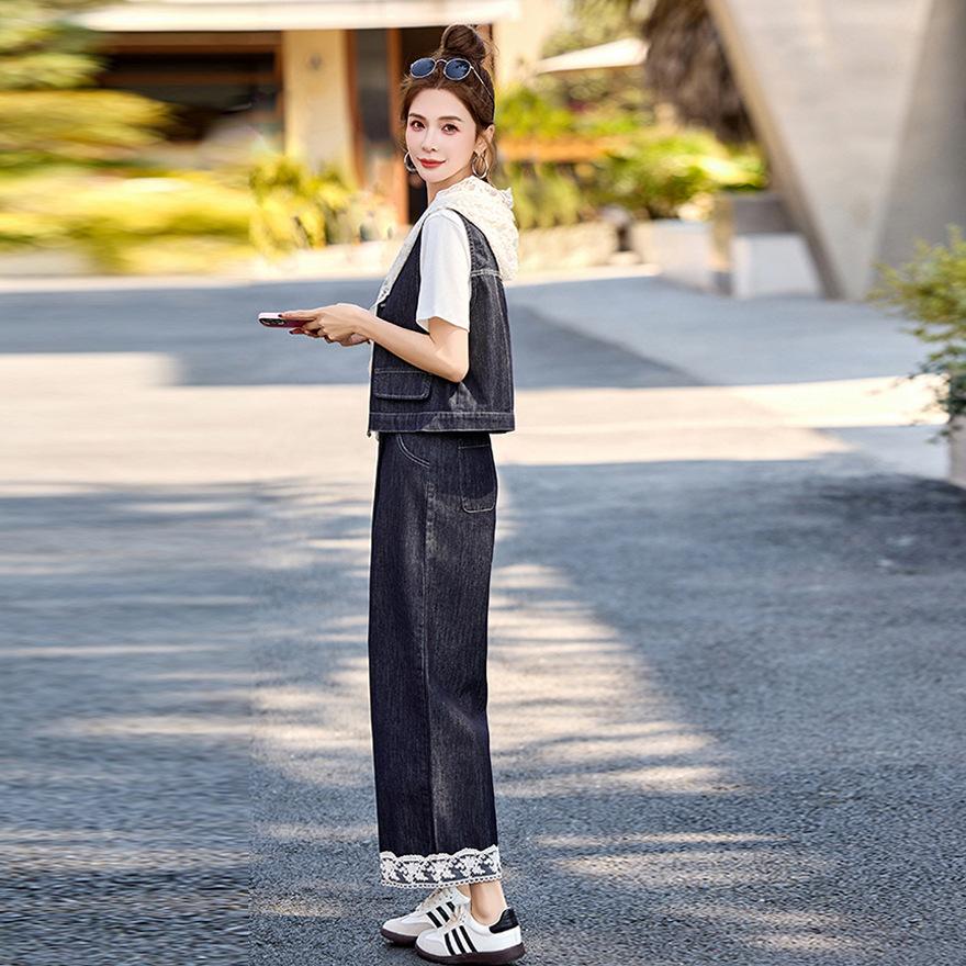 Fashion casual denim suit women's summer new age-reducing lace hooded vest short-sleeved T-shirt wide-leg pants three-piece set