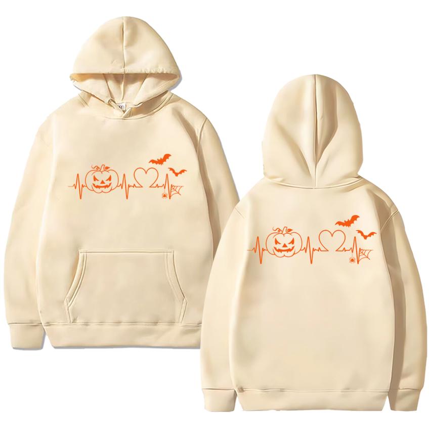 Hot Sale New Halloween Pumpkin Heartbeat Double Sided Print Hoodie Unisex Vintage Hip Hop Streetwear Men Women Fleece Pullovers