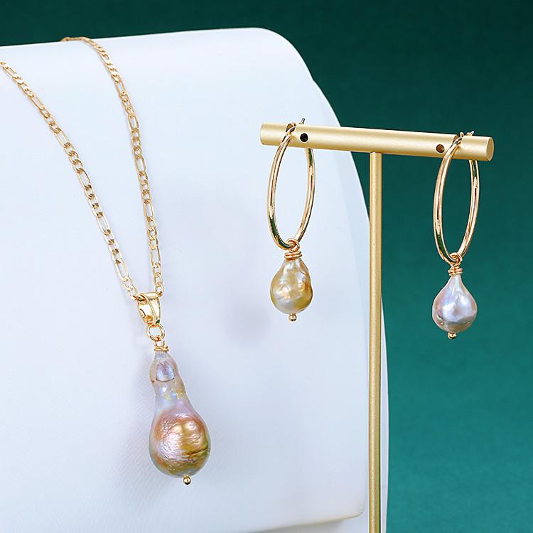 Chain Link Stainless Steel Ladies Short Necklace Sweater Freshwater Baroque Pearl Necklace Earrings Set Jewelry
