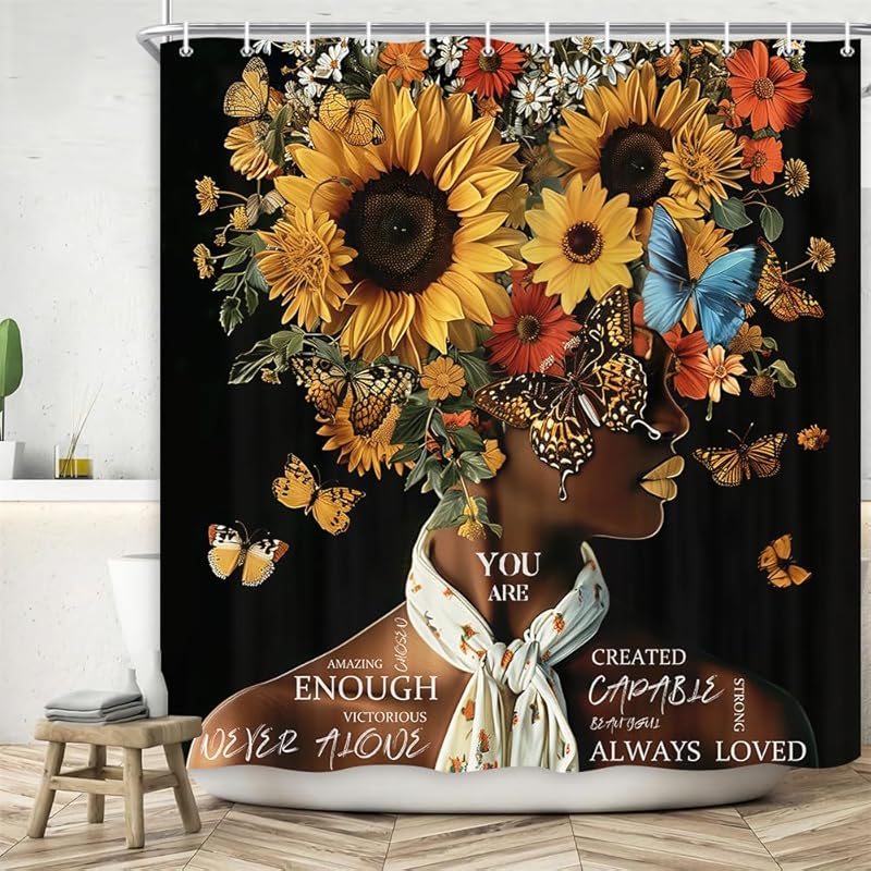 Black Girl Shower Curtain, Retro African American Colorful Floral Red Rose Black Woman Bathroom Decor, Oil Painting Aesthetics Flower Fabric Afro