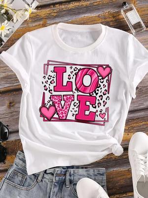 (Asian Size) Love Cartoon Letter Valentine's Day Women Tee Top Clothing Casual Flower Fashion Short Sleeve T Shirt Print Lady Female Graphic T-shirt