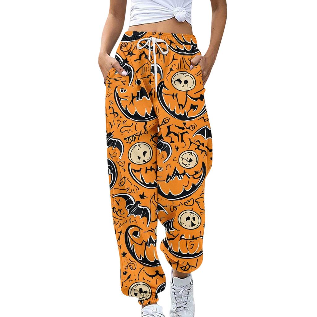 Damsportbyxor med fickor Mode Halloweentryck Elastisk midja Byxor Casual Sweatpants Byxor
