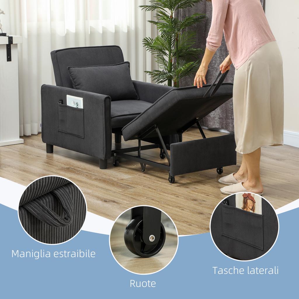 Reclining Sofa Bed Armchair with Side Pockets, In Velvet-Effect Fabric, 74x84x81 Cm, Dark Grey