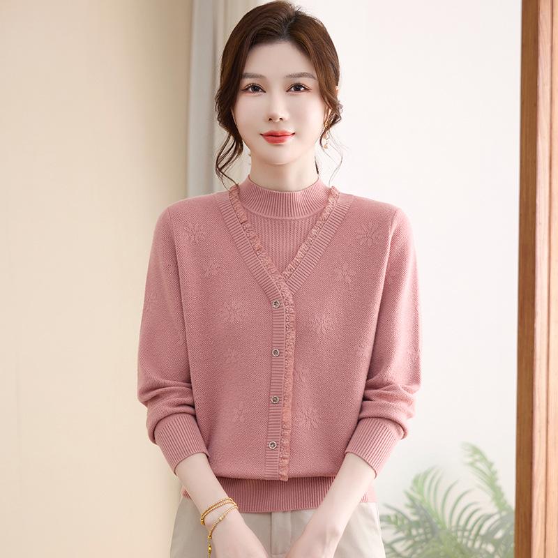 

Mom s Elegant Autumn/Winter Wool Knit Sweater: Fashionable Thick Layered Top for Middle-Aged & Elderly Women 4XL (160-170 lbs) розовый