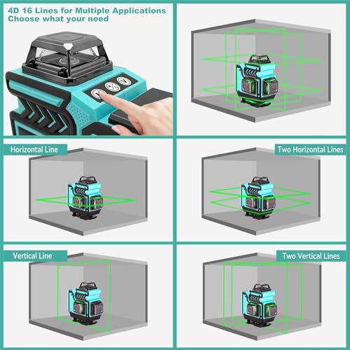 Renkissy 4x360° Laser Level, 16-Line Green Laser, Automatic Leveling, High-Brightness Laser Level with Remote Control, Bluetooth Connectivity (2 Batte