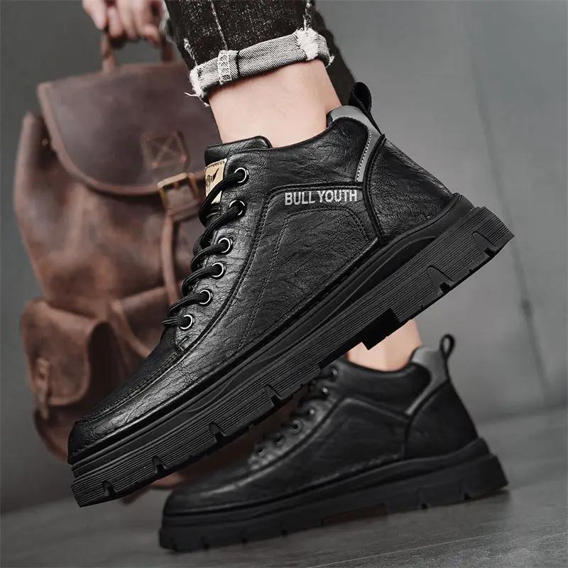 Fashion Leather Shoes for Men Lace Up Solid Color Round Toe Man Casual Boots New In Luxury Sale Low Price Adults Free Delivery Shipping