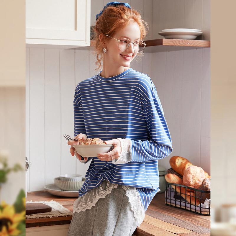 Bailuyu Striped Lace Trim Long Sleeve T-shirt M