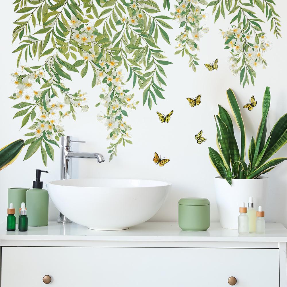 Fresh Green Leaves, Tree Branches, Small White Flower Butterflies, Living Room Home Wall Background Beautification Wall Stickers