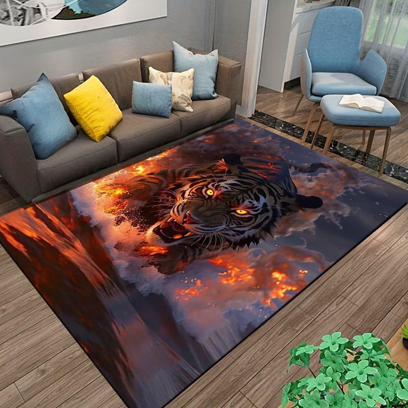Fierce Tiger Design Carpet with Fire and Water Elements, Dark Style Suitable for Use As an Anti-slip for Living Room Bedroom Sofas