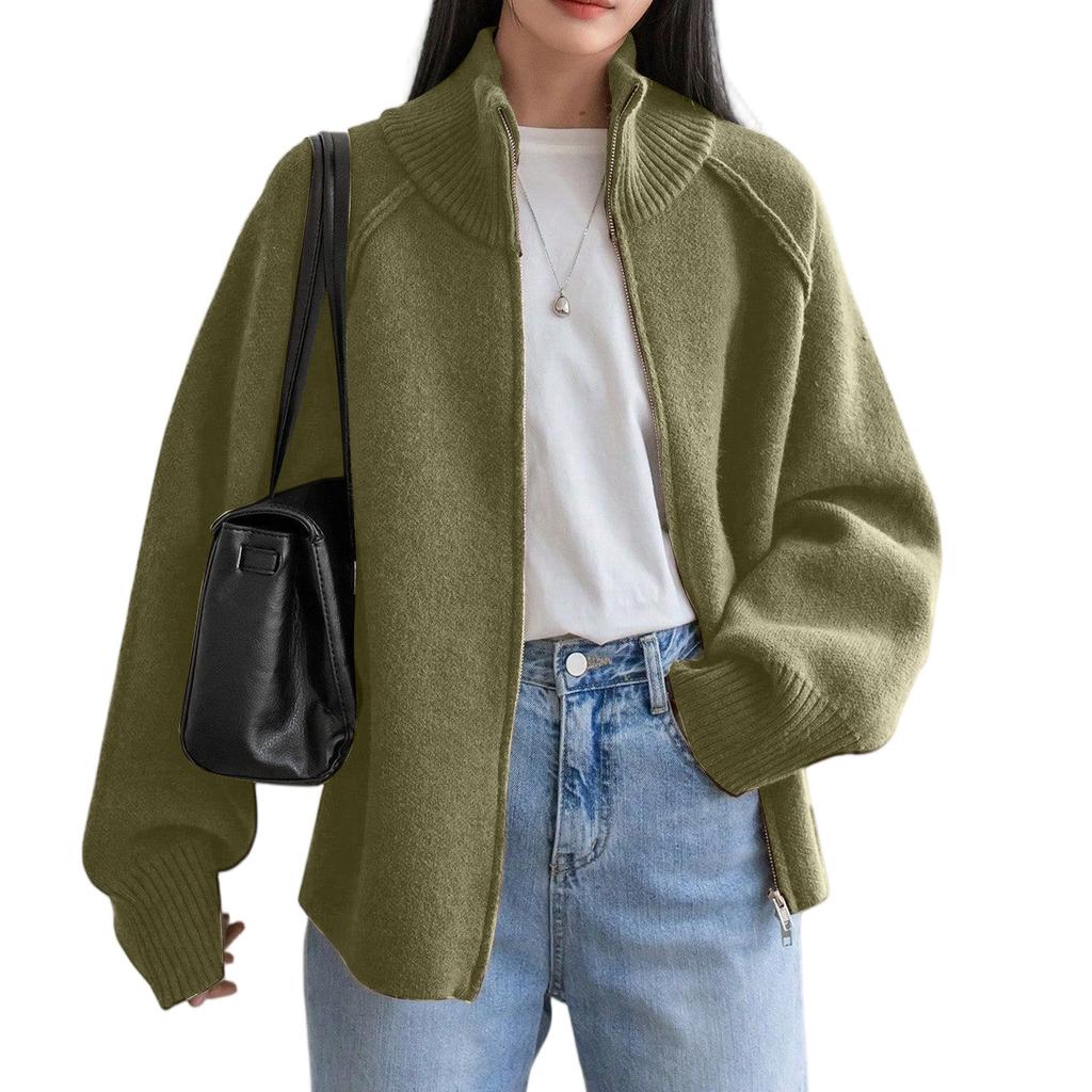 Women's Fashion Casual Solid Color Stand Collar Long Sleeve Cardigan Zipper Knitted Jacket