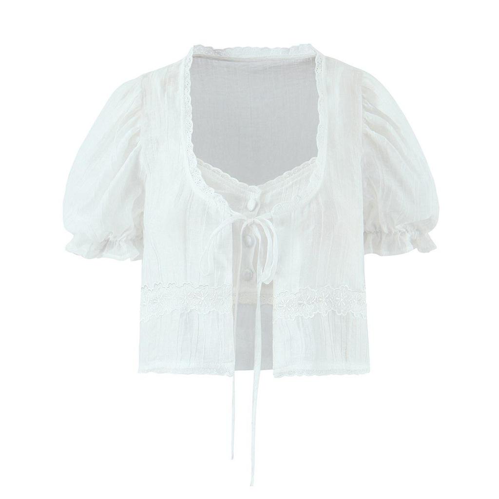 2026 Women's Embroidered Two-Piece Set: Sweet & Spicy Slim Fit Puff Sleeve Lace-Up Shirt + Short Camisole Vest