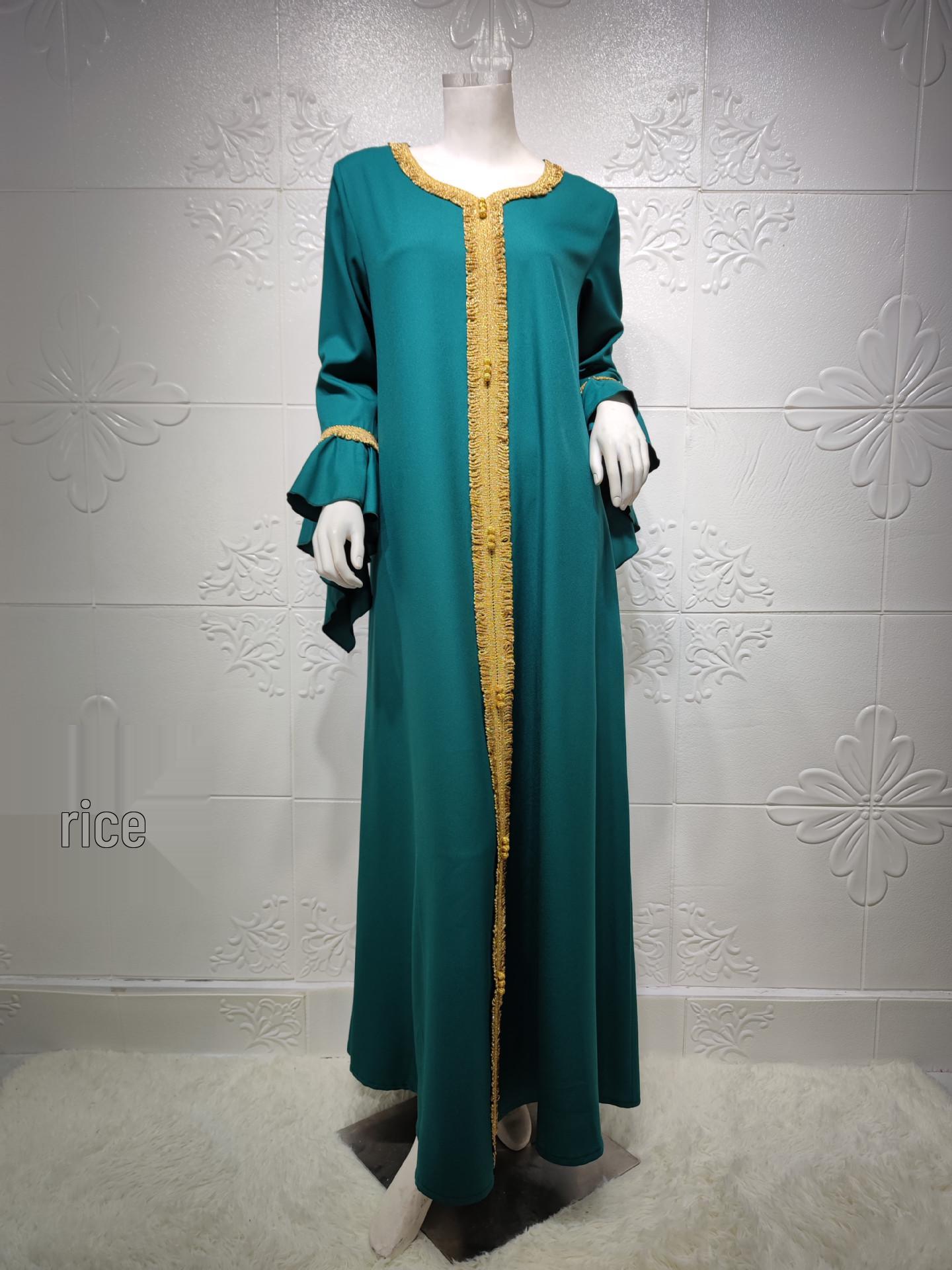 

Lotus Leaf Sleeve Gold Lace Embroidered Jalabiya Dress for Muslim Women Small зелений
