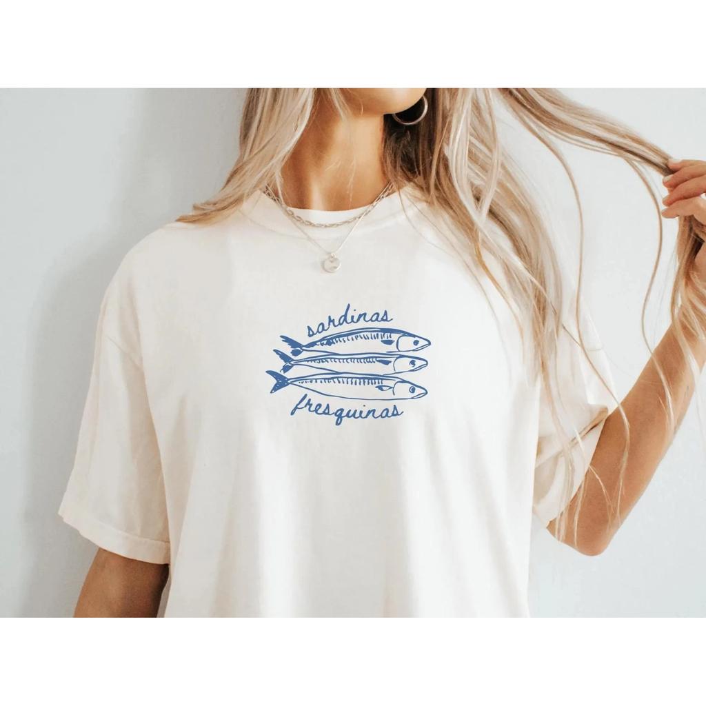 Sardine Tuna Print T Shirt Retro Food Art Graphic Tee Unisex Quirky Aesthetic Tops Summer Casual American Streetwear