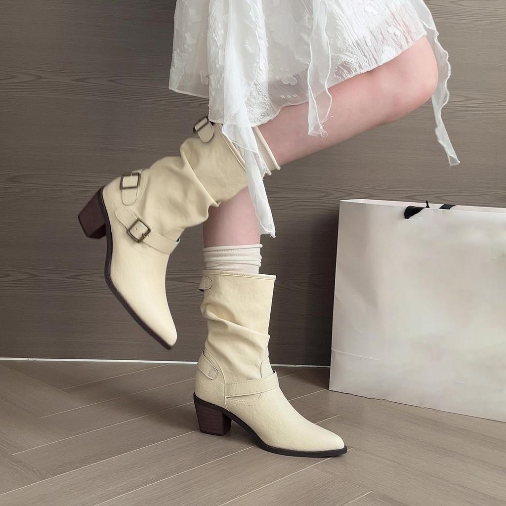 Pointed thick heel women's medium tube stacking boots 2025 autumn and winter new fashion versatile comfortable casual Martin boots women