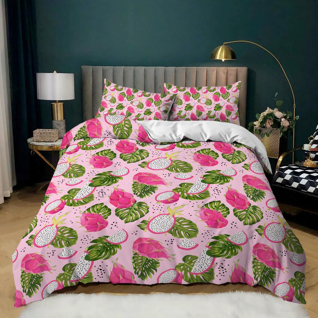 Schwarzes Bettwäscheset Bettbezug für Kinder Erwachsene Niedlicher Pitaya-Bettbezug Cartoon Tropenfrucht-Druck Tagesdecke Königin-Größe