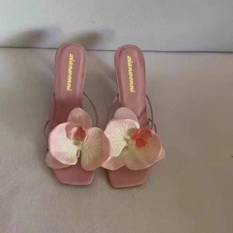 New Summer Stiletto Sandals Women's Square Head Open Toe Thin with Flowers Slip-on High-heeled Slippers