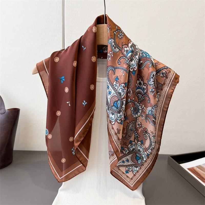 Women Fashion Spring Summer Lady Printed Imitation Silk Scarf Elegant Shawl Versatile Square Neckerchief and Headscarf