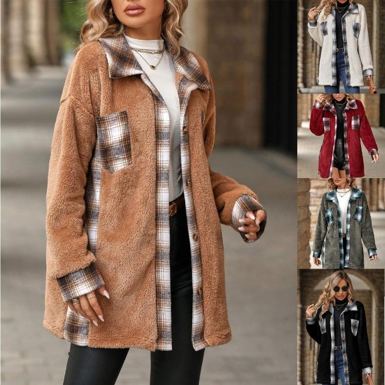 Mid Length Fleece Coat Women Single Breasted Plaid Warm Outerwear Lapel Winter