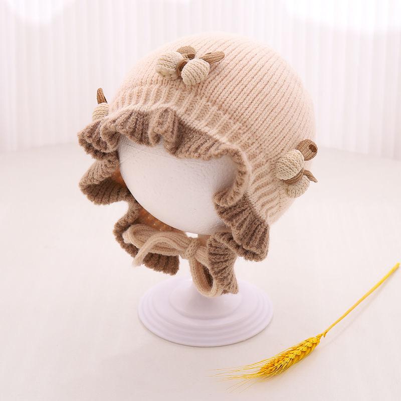 Cute Bow Ruffle Baby Hat Winter Thicken Knitted Warm Infant Lacing Cap Solid Color Newborn Girl Ear Protection Bonnet Beanie