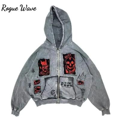 RogueWave American Printed Imitation Washing Imitation Denim Zipper Hoodie Sweatshirt Jacket Cardigan Same Style Loose Large Size
