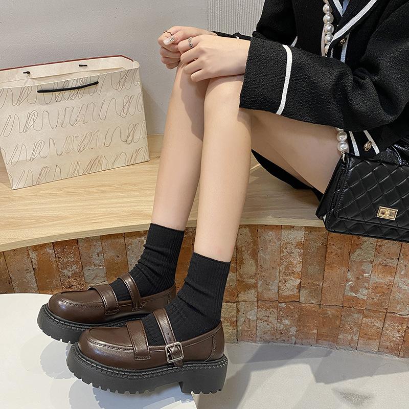 2025 Summer Mary Janes Japanese Style Shoes Girls Casual Kawaii Pure Color Shoes Woman Buckle Vintage Medium Heels Sandals Slim