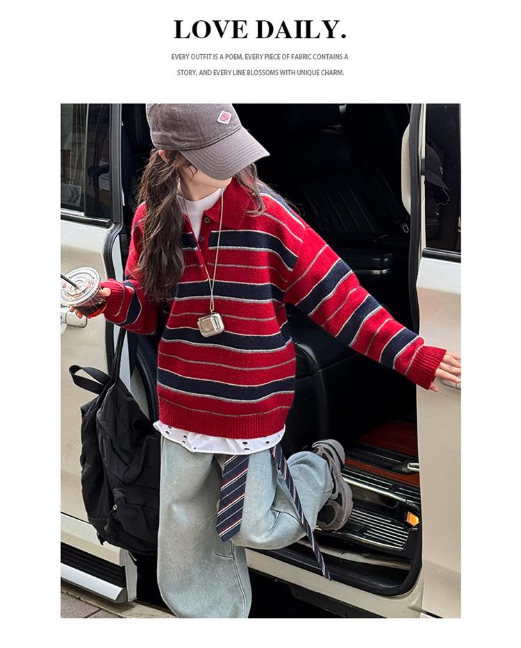 Girls' Striped Knitted Polo Sweater - Autumn/Winter 2025 Fashion Pullover for Kids