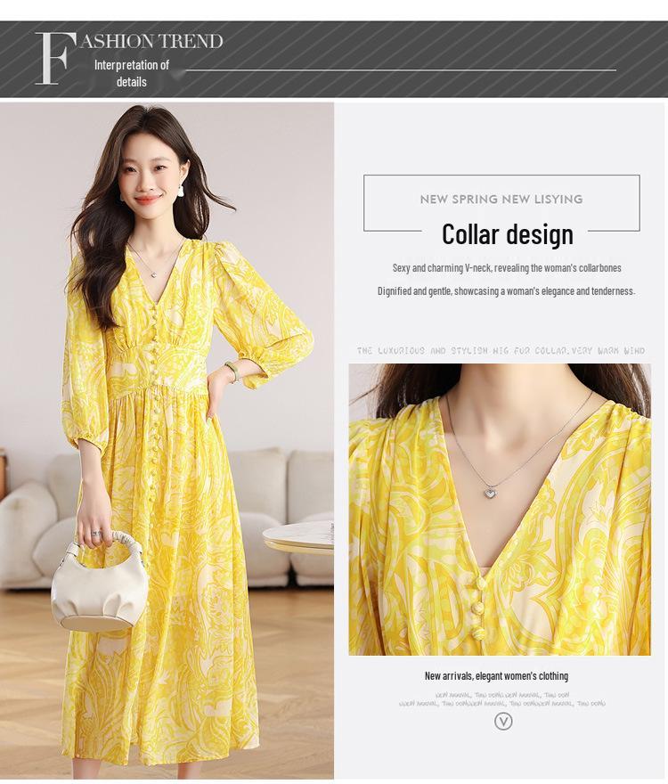 V-Neck Yellow Floral Tencel Chiffon Dress for Beach Vacation