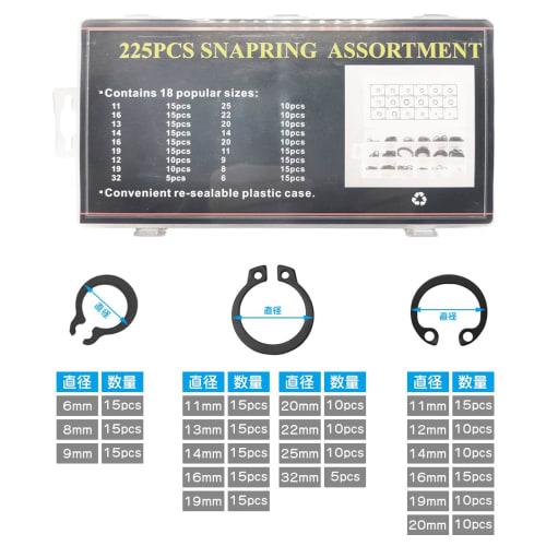 Set of 225 18 Types of M6-M32 C-Shaped Snap Rings, External Locking Snaps, Circlips, Retaining Clips, Kit for Fixing Parts, Replacement, and Repair, B