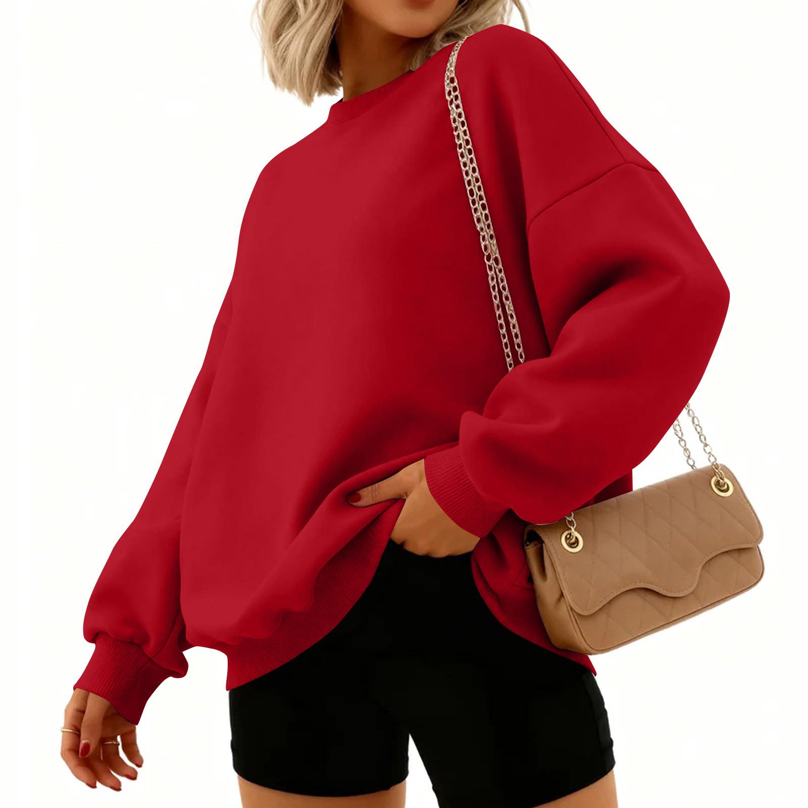 

Women s Fashion Long Sleeve Solid Color Round Neck Loose Pullover Sweater Top S червоний