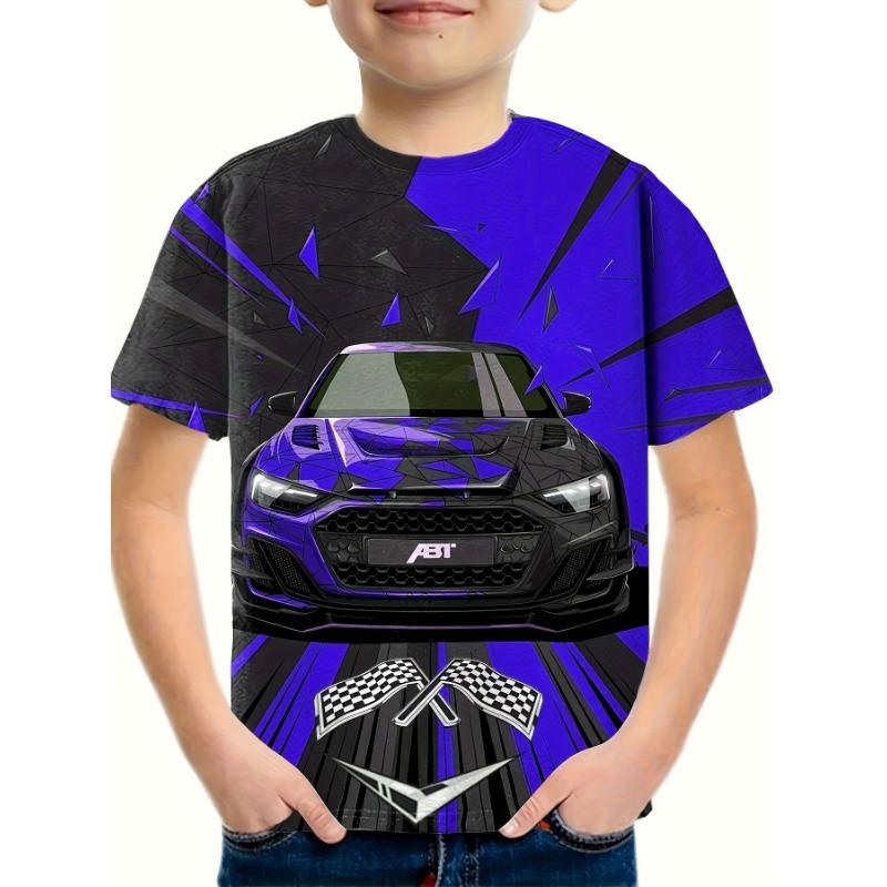 Mode Rennwagen Muster 3D-Druck Jungen Kreatives T-Shirt Lässig Leichtes Kurzarm Rundhals T-Shirt Tops Kinderkleidung Sommer