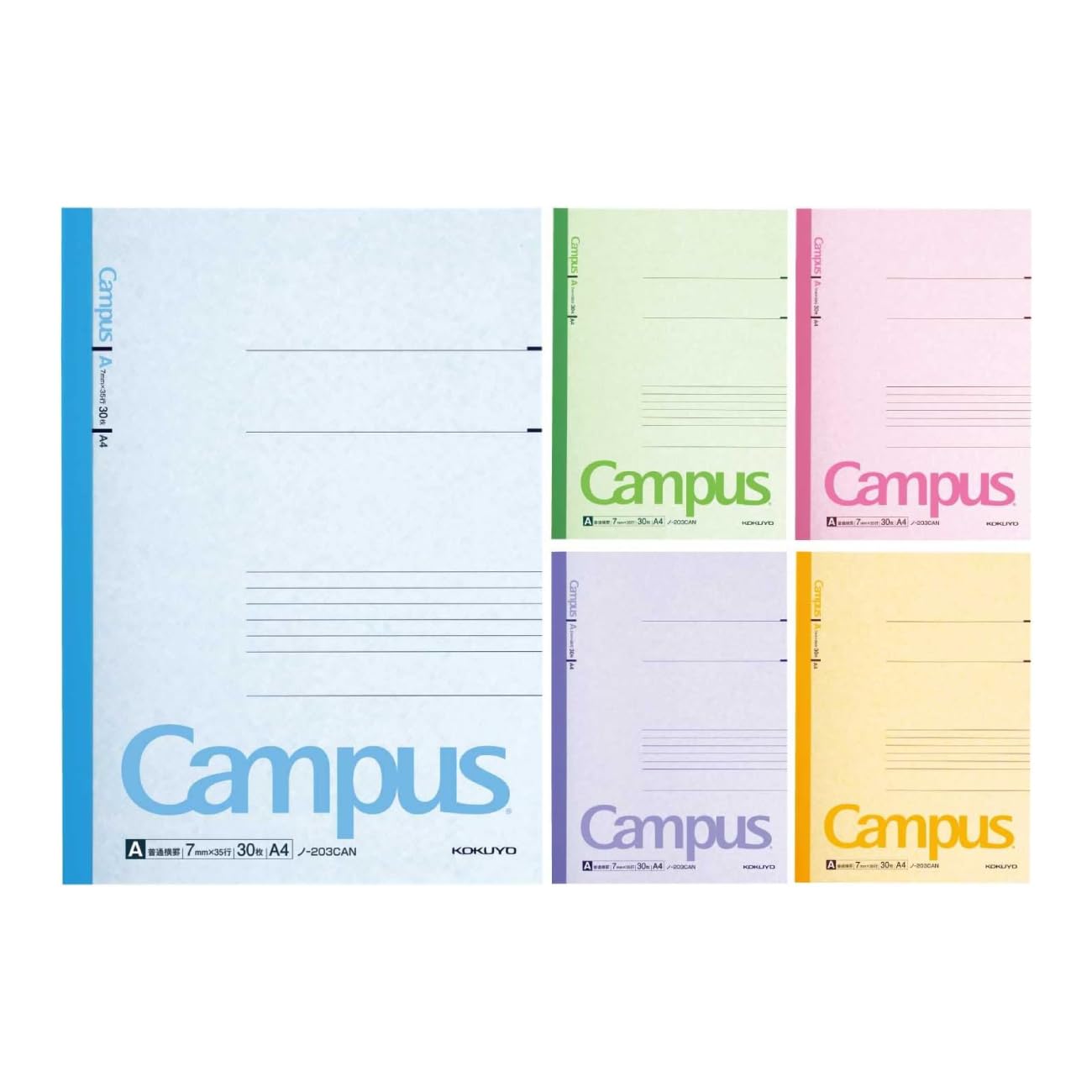 KOKUYO Campus A4 Colored Ruled 203CAX5 Notebook, size, Cover, 5-pack, (A-ruled), No.