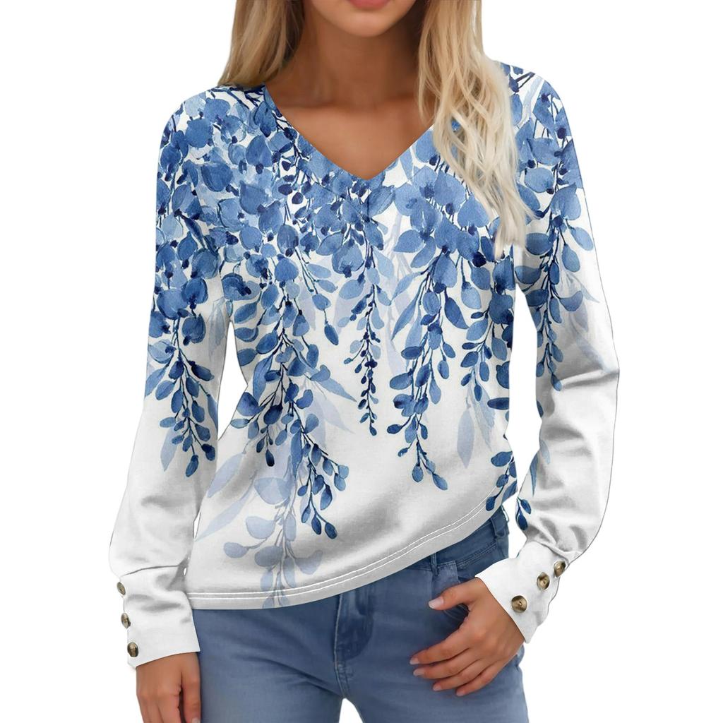 Damenoberteile Langarmmanschetten Button-Up-Hemd V-Ausschnitt Lässiges Lockeres T-Shirt Blumenoberteile