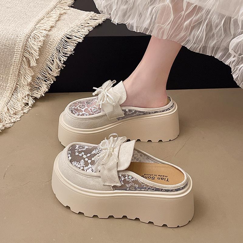 Temperament celebrity half slippers mesh yarn breathable bag head drag summer new wear Mary Jane shoes platform heightening sandals