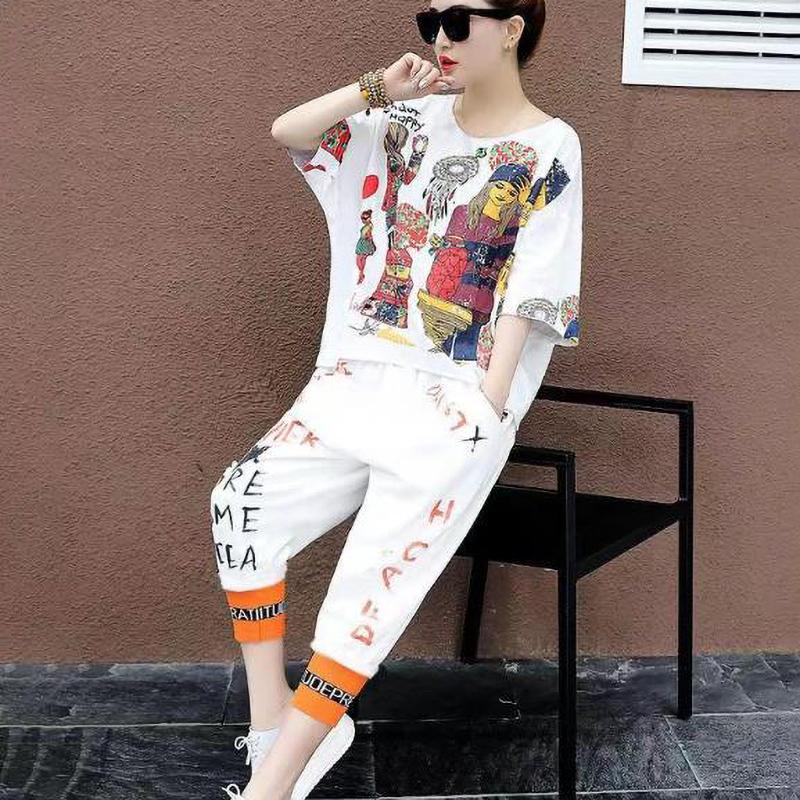 Women's Suit Summer Short Sleeved T Shirt Harem Calf Length Pants Fashion Korean Loose Leisure Sports Set
