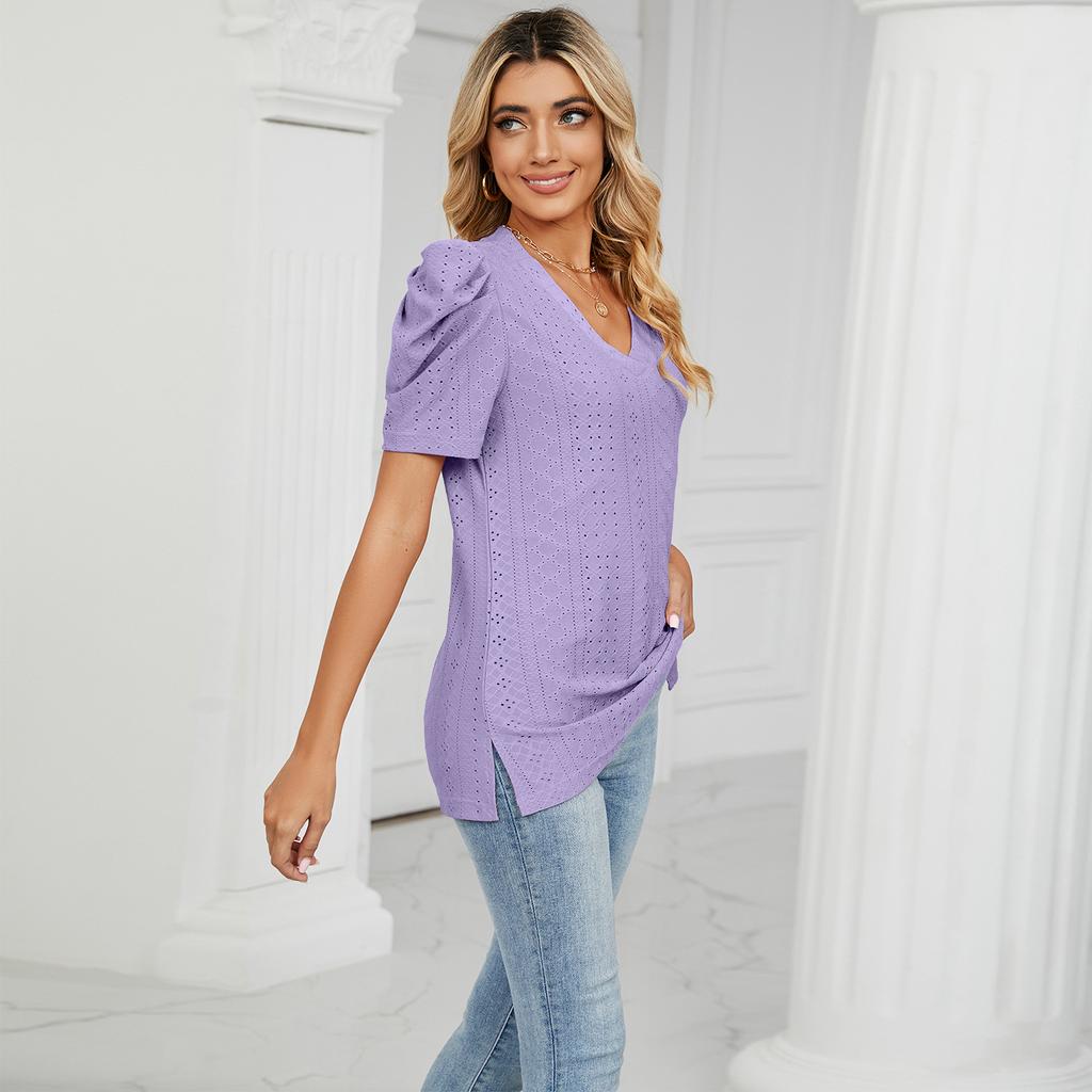 GMXIA Women's Fashion Casual Solid Color Print Short Sleeve V Neck Blouses & Shirts