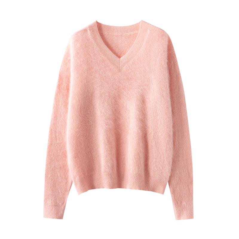 Versatile Cashmere Silk V-Neck Brushed Solid Color Loose Knit Pullover Sweater