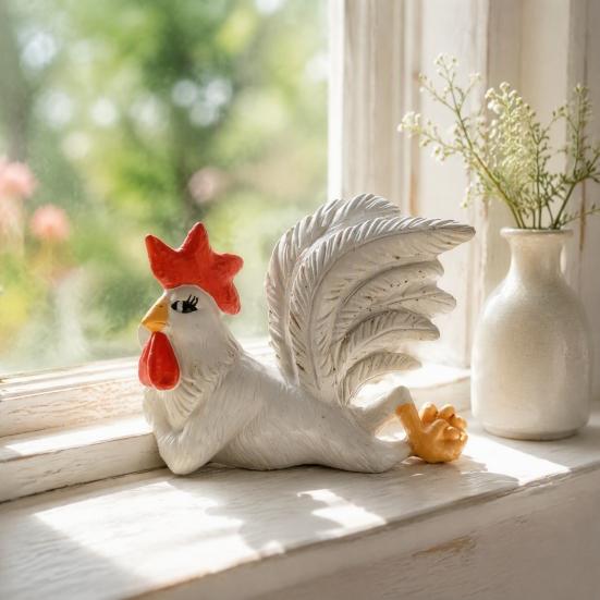 Unique Gifts for Friends White Rooster Statue with Enchanting Posture & Long Eyelashes, Creative Table Art Sculpture, Funny Resin Indoor Outdoor